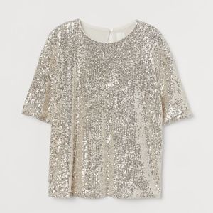 H&M Sequin Crewneck Fully Lined Top Silver Medium